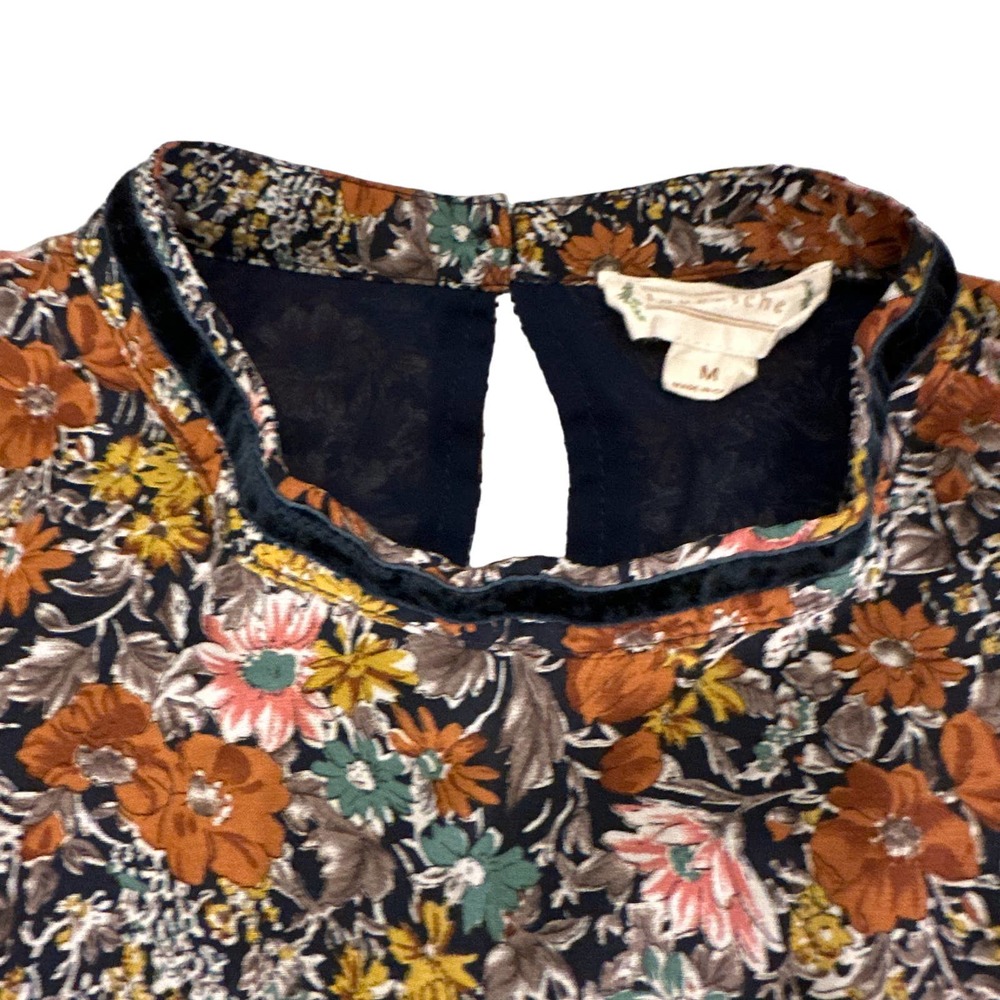 Loveriche medium blue velvet floral ruffle peplum Boho blouse - Picture 7 of 12